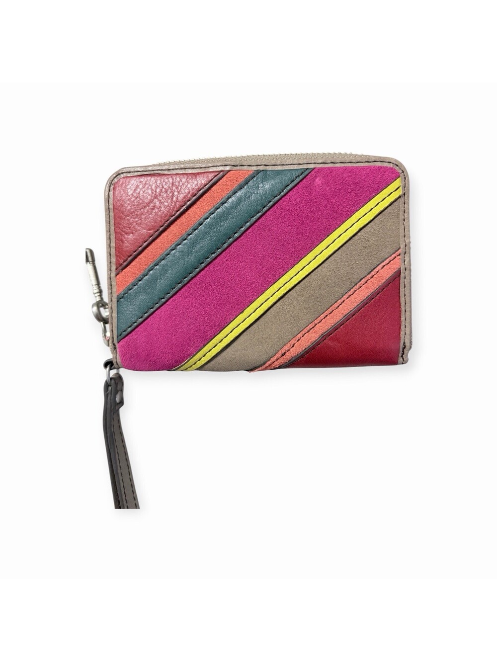 Vintage Fossil Multi Stripe Suede Leather Zip Around Wallet Wristlet EUC